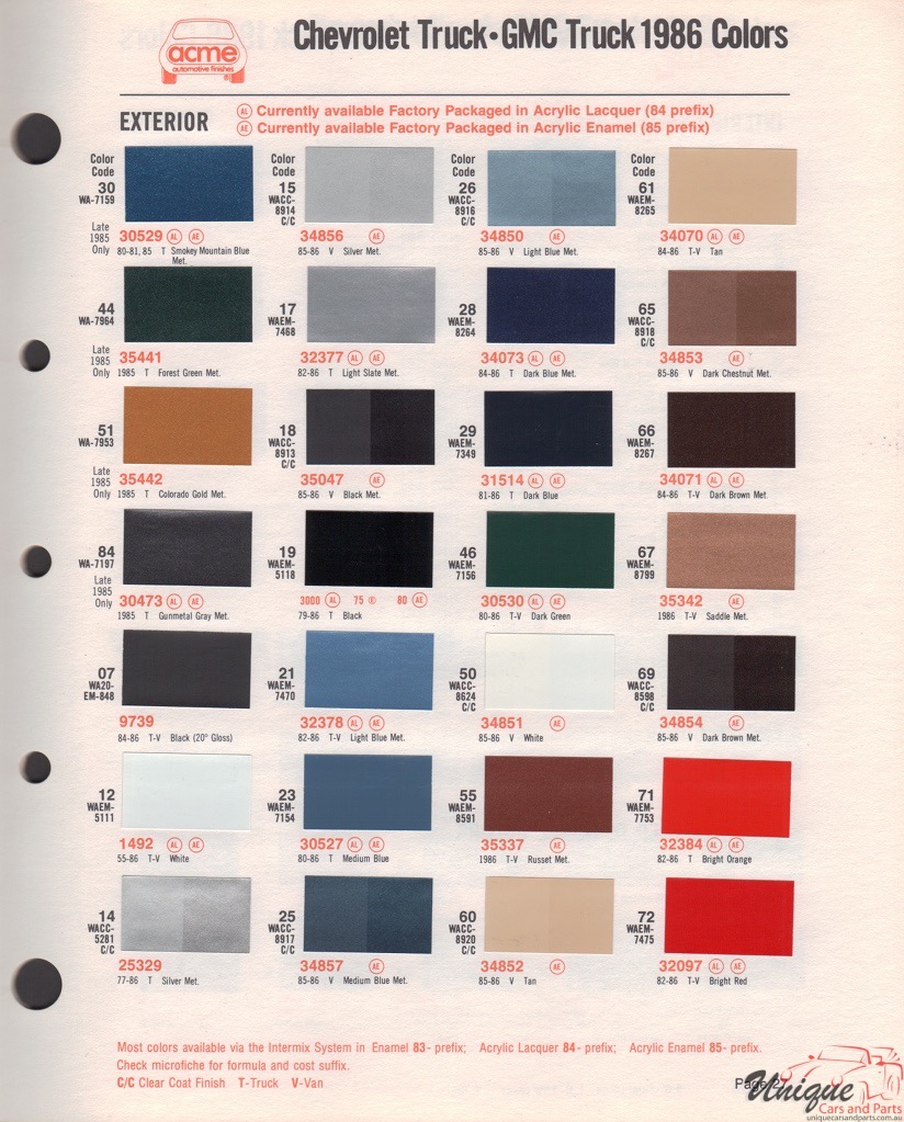 1986 GM Truck And Commercial Paint Charts Acme 1